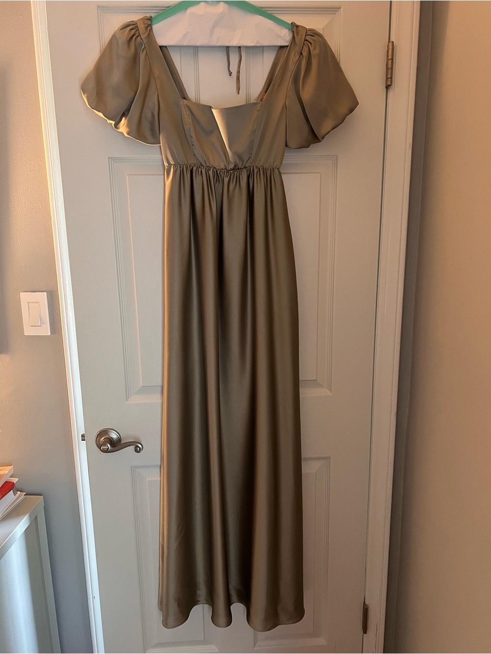 Show Me Your MuMu Moss Green Satin Maxi Dress with Puff Sleeves